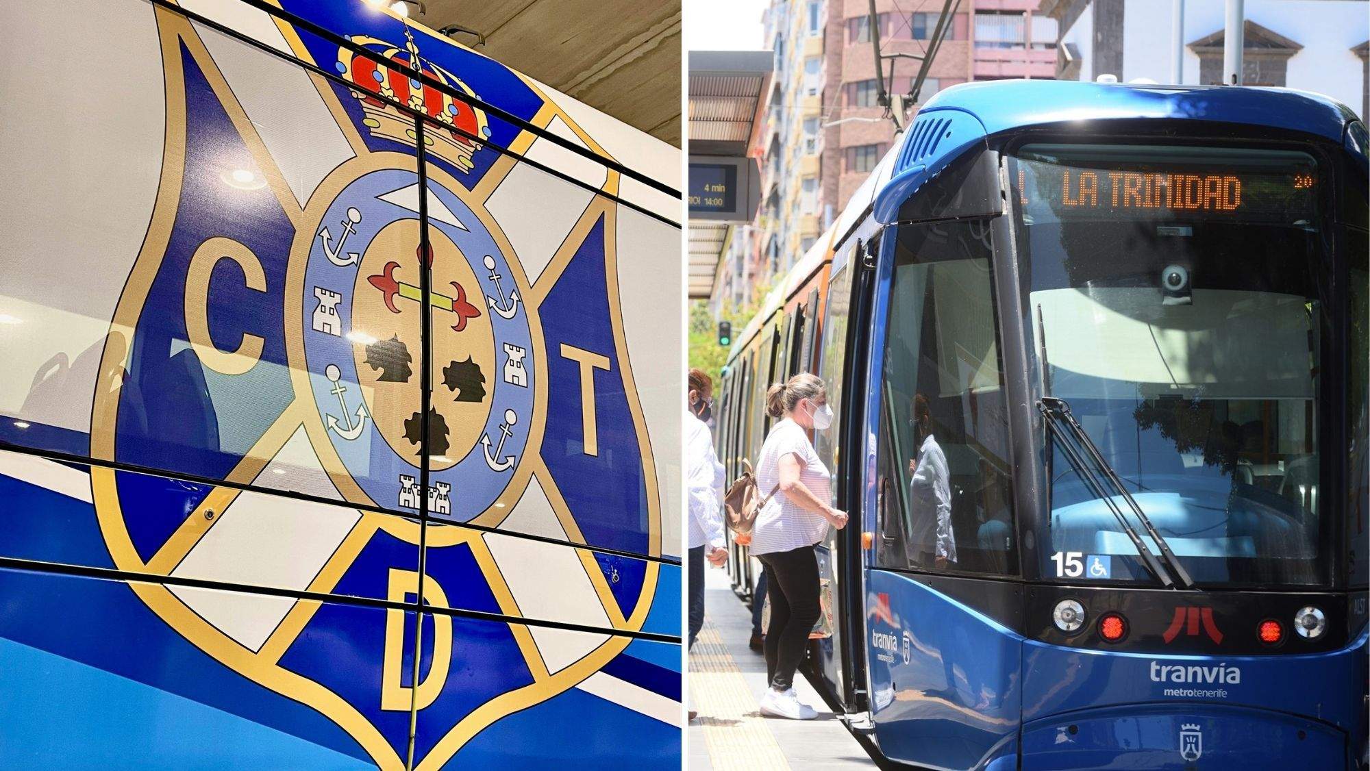 El escudo del CD Tenerife en el lateral de un tranvía, junto a otro tranvía en una parada. / AH