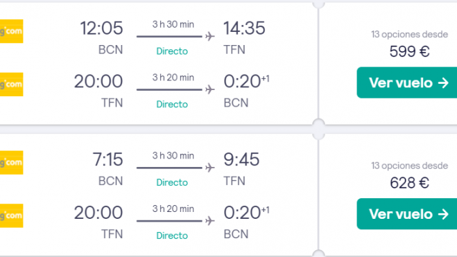 Precios de los vuelos para viajar de Barcelona a Tenerife el fin de semana del ascenso./ Skyscanner