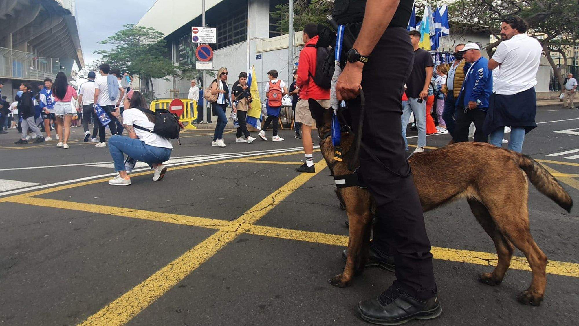 Un policía junto a un perro policía en los exteriores del estadio Heliodoro Rodríguez López. / Cedida