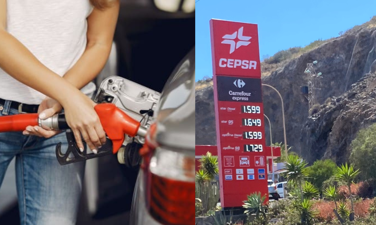Imagen de una persona repostando y el precio del combustible en Tenerife durante el verano. / AH