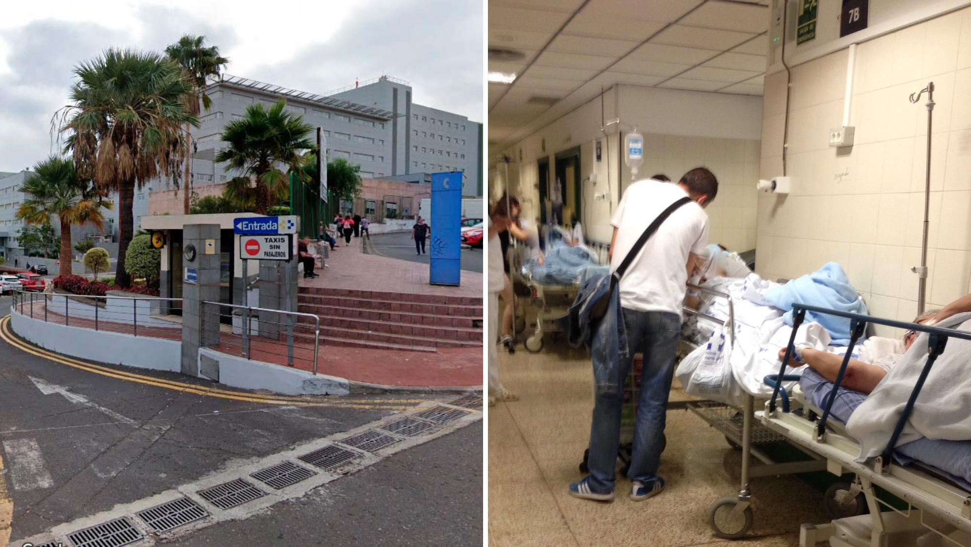 Camas en los pasillos de urgencias del Hospital de La Candelaria./ Montaje AH
