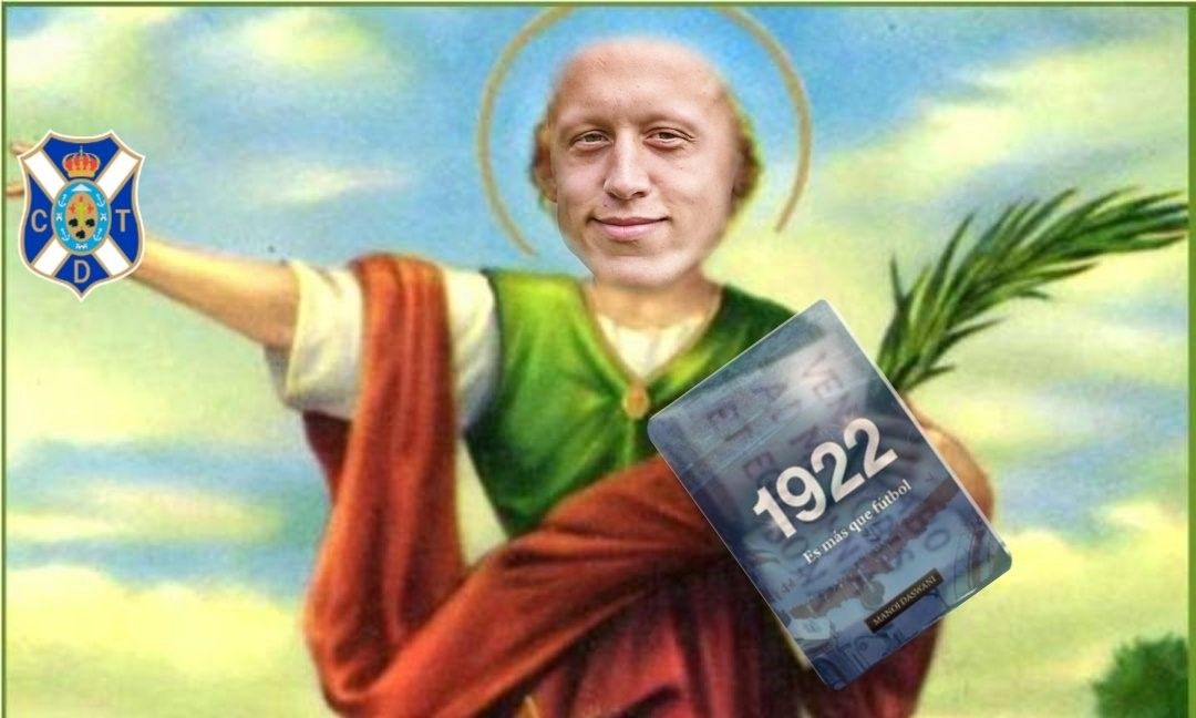Montaje con la cara de Víctor Mollejo en la imagen de un santo viralizado por una aficionada blanquiazul para dar suerte al CD Tenerife./ Twitter
