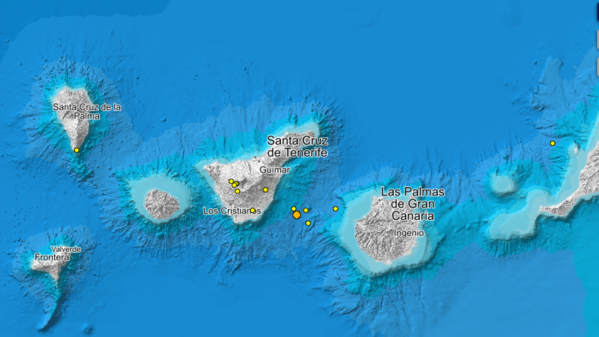 Localización de los últimos seísmos registrados en Canarias.  IGN