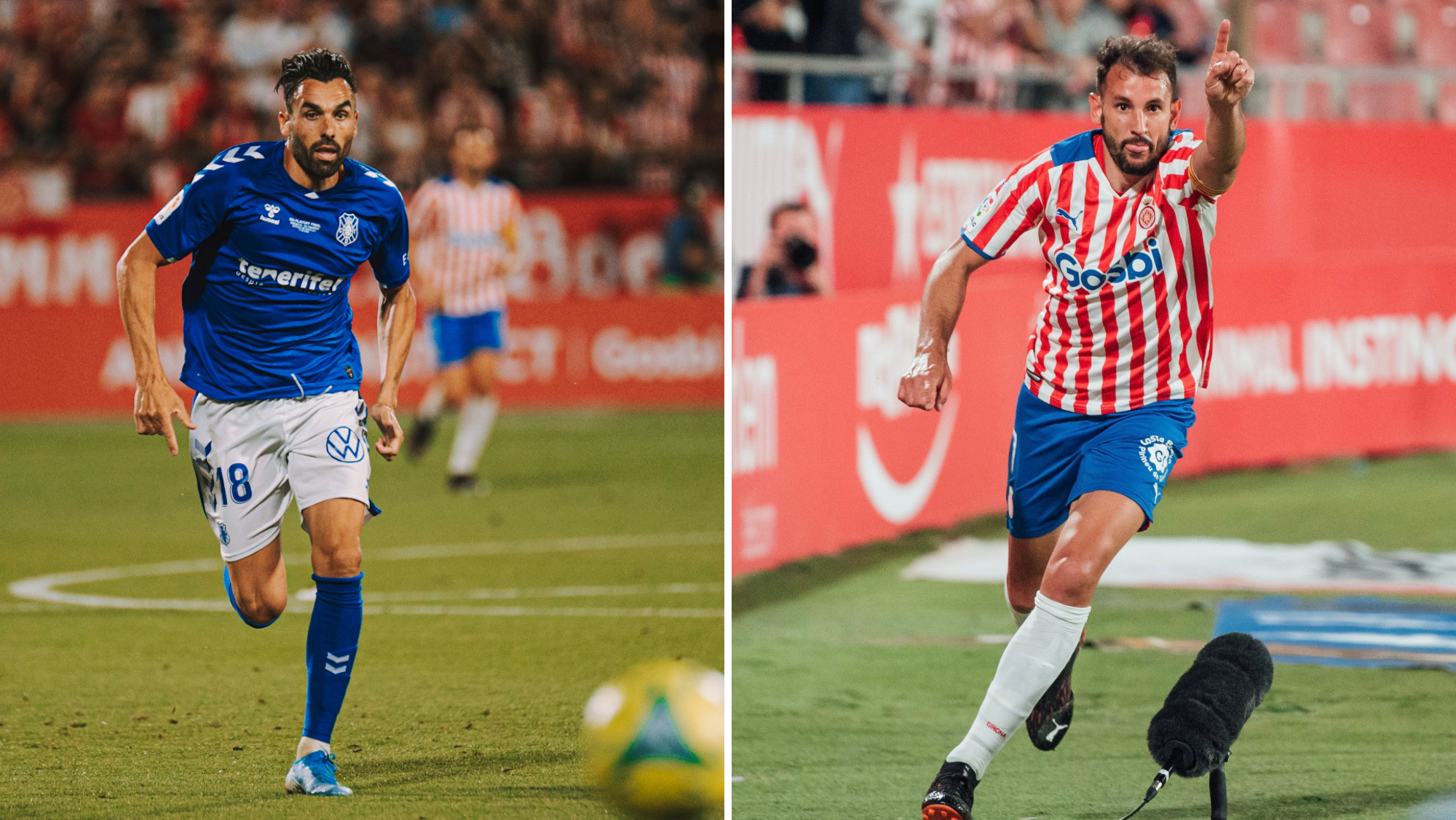 Enric Gallego, jugador del Tenerife, y Cristhian Stuani, del Girona./ Imágenes del CD Tenerife y Girona FC