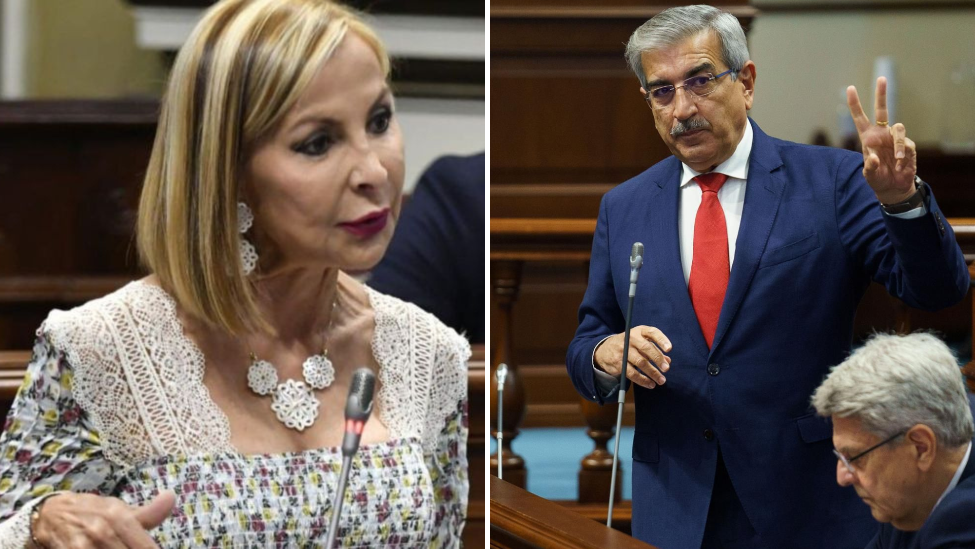 La portavoz del Partido Popular Australia Navarro y el vicepresidente de Canarias y consejero de Hacienda, Román Rodríguez discuten sobre el pago del IGIC de los proyectos europeos./