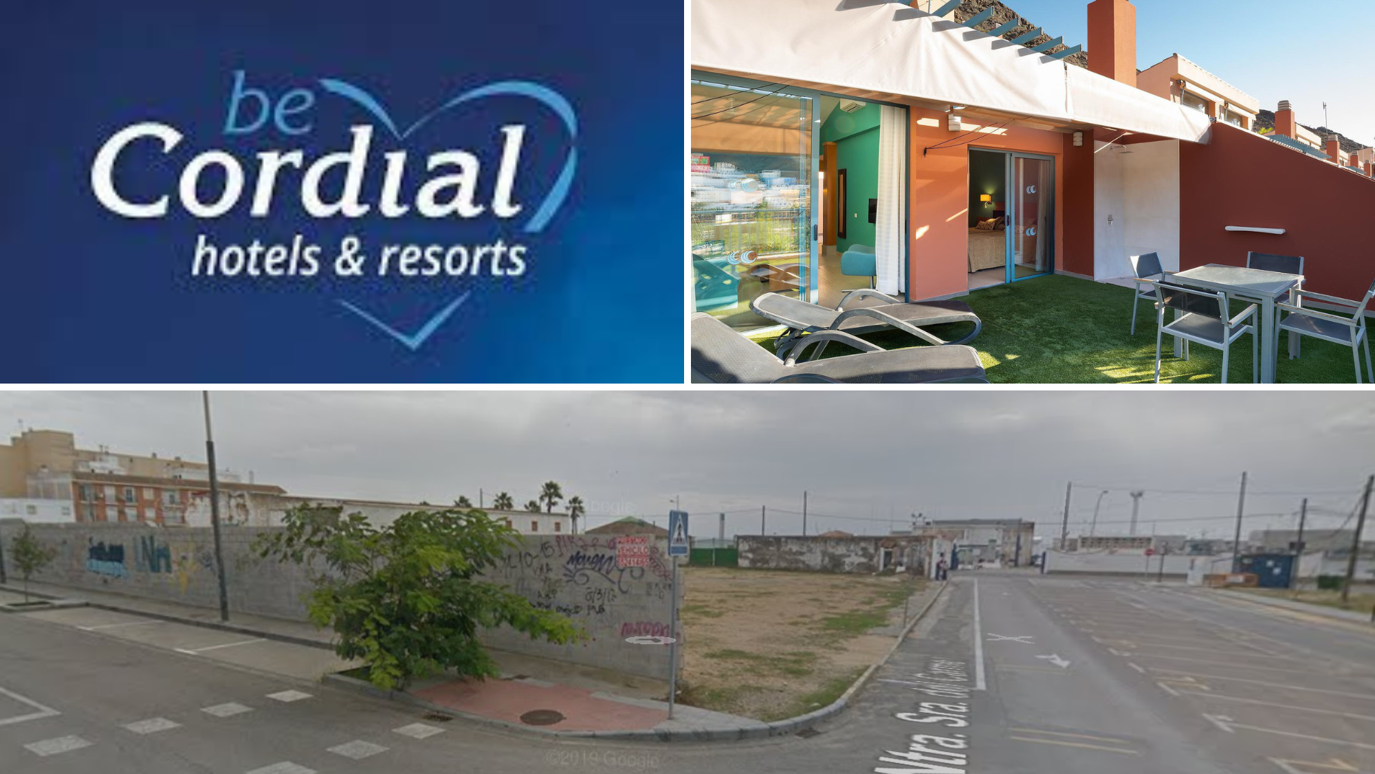 Composición de fotos del Cordial Mogán Valle y la parcela del municipio de Barbate (Cádiz) donde se ubicará el nuevo hotel gestionado por la empresa./ Google - Be Cordial.