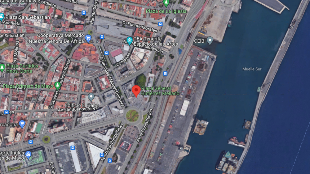 Localización del Punto Violeta, junto a la Presidencia del Gobierno de Canarias, en la plaza del General Gutiérrez Mellado./ Google Maps
