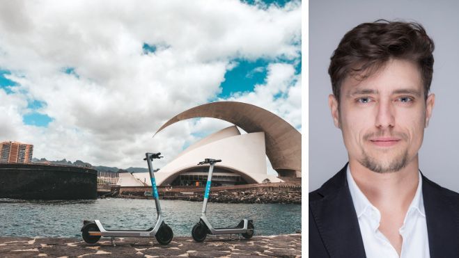 Patinetes de la compañía Bird junto al Auditorio de Tenerife y su director de Relaciones Institucionales, Javier Aparicio. Cedida Patinetes de la compañía Bird junto al Auditorio de Tenerife y su director de Relaciones Institucionales, Javier Aparicio. Cedida