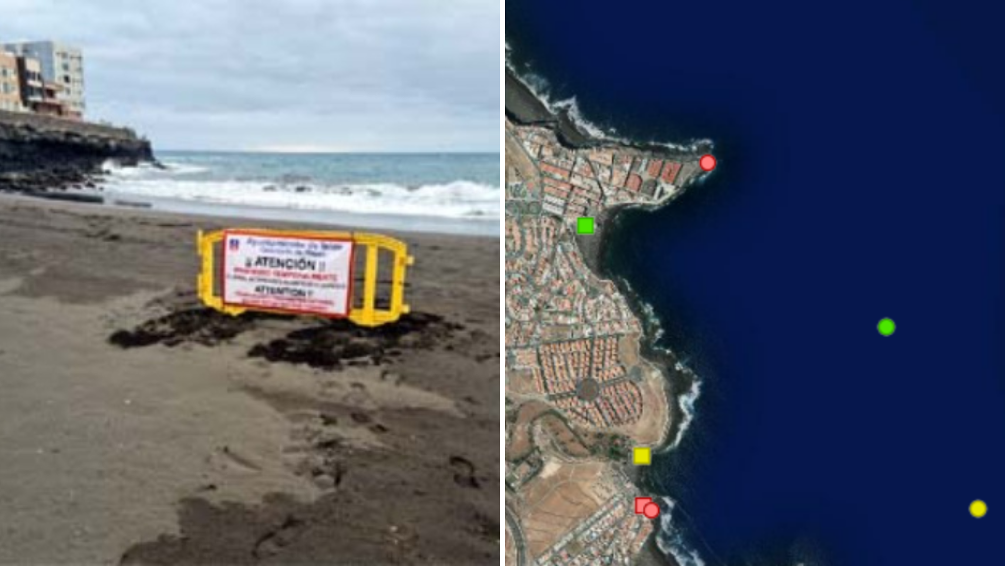 Vertidos al mar mapeados en la playa de La Garita y zonas cercanas junto a una imagen del cartel que avisa del cierre. /Ayuntamiento de Telde y Grafcan