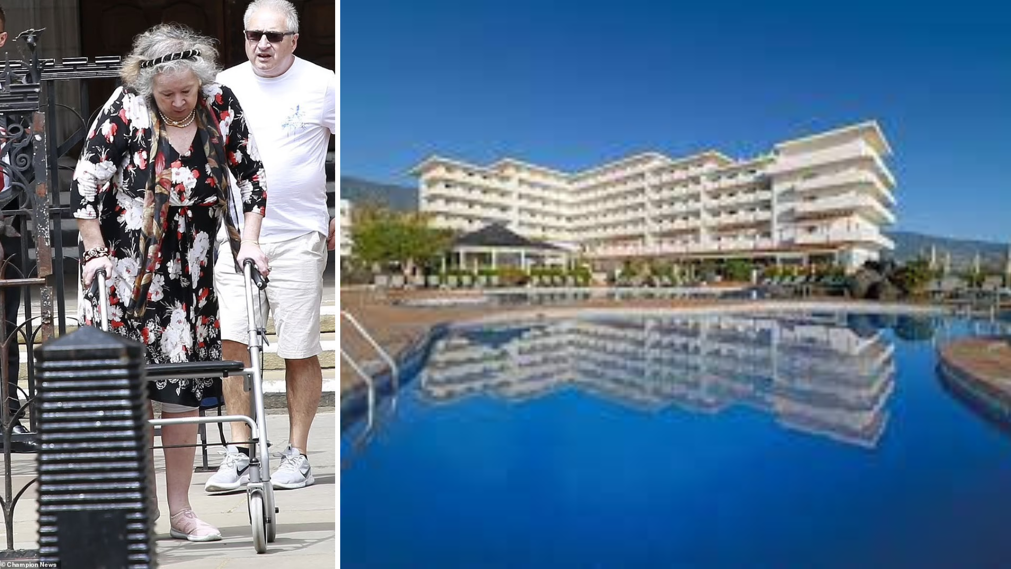 Karen Carey, la turista demandante, caminando con un andador. A la derecha, el hotel Taburiente Playa donde se cayó./ Montaje AH