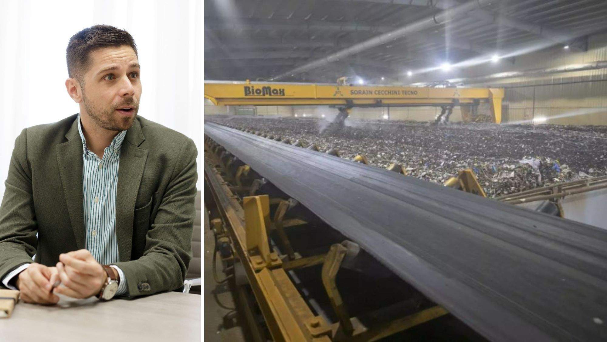 El consejero de Desarrollo Sostenible y Lucha contra el Cambio Climático del Cabildo insular, Javier Rodríguez, y una planta de bioestabilización del Complejo Ambiental de Tenerife. / AH