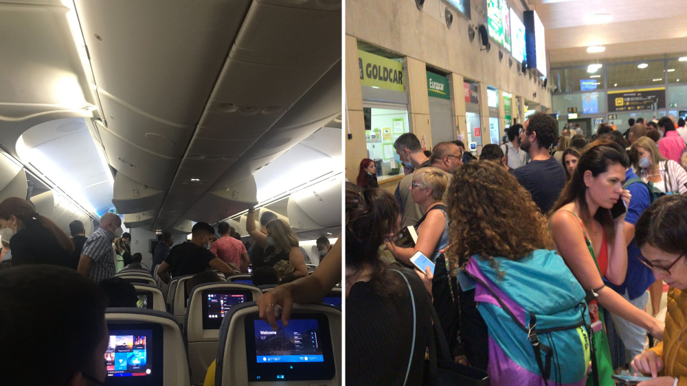 Momento del desembarque del avión y posterior aglomeración para tratar de reclamar en la ventanilla de Air Europa./ Cedidas