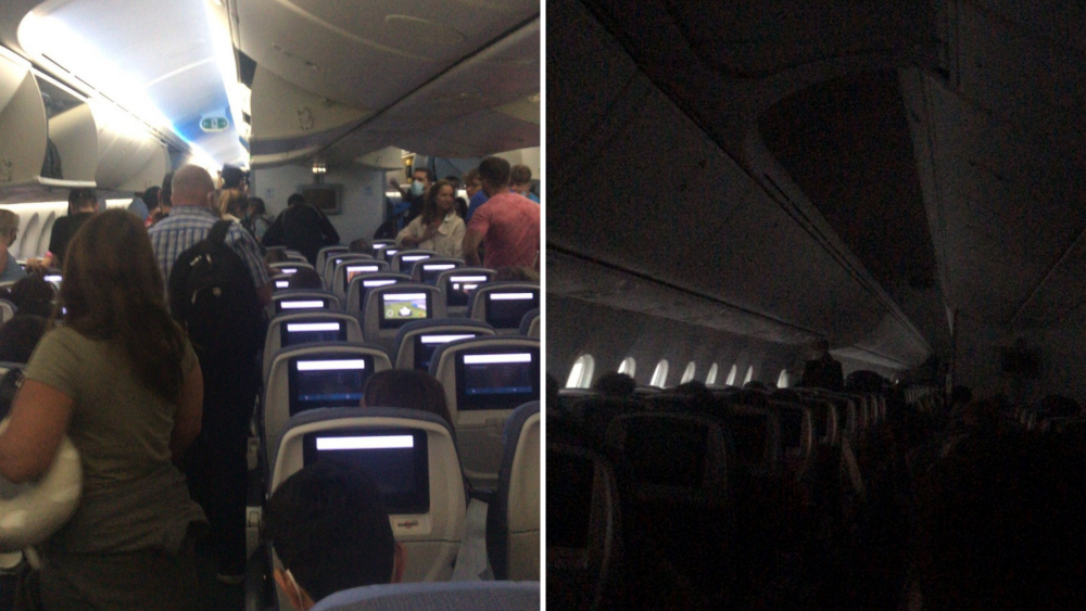 Comparativa de la visibilidad dentro del avión con las luces encendidas y apagadas./ Cedidas
