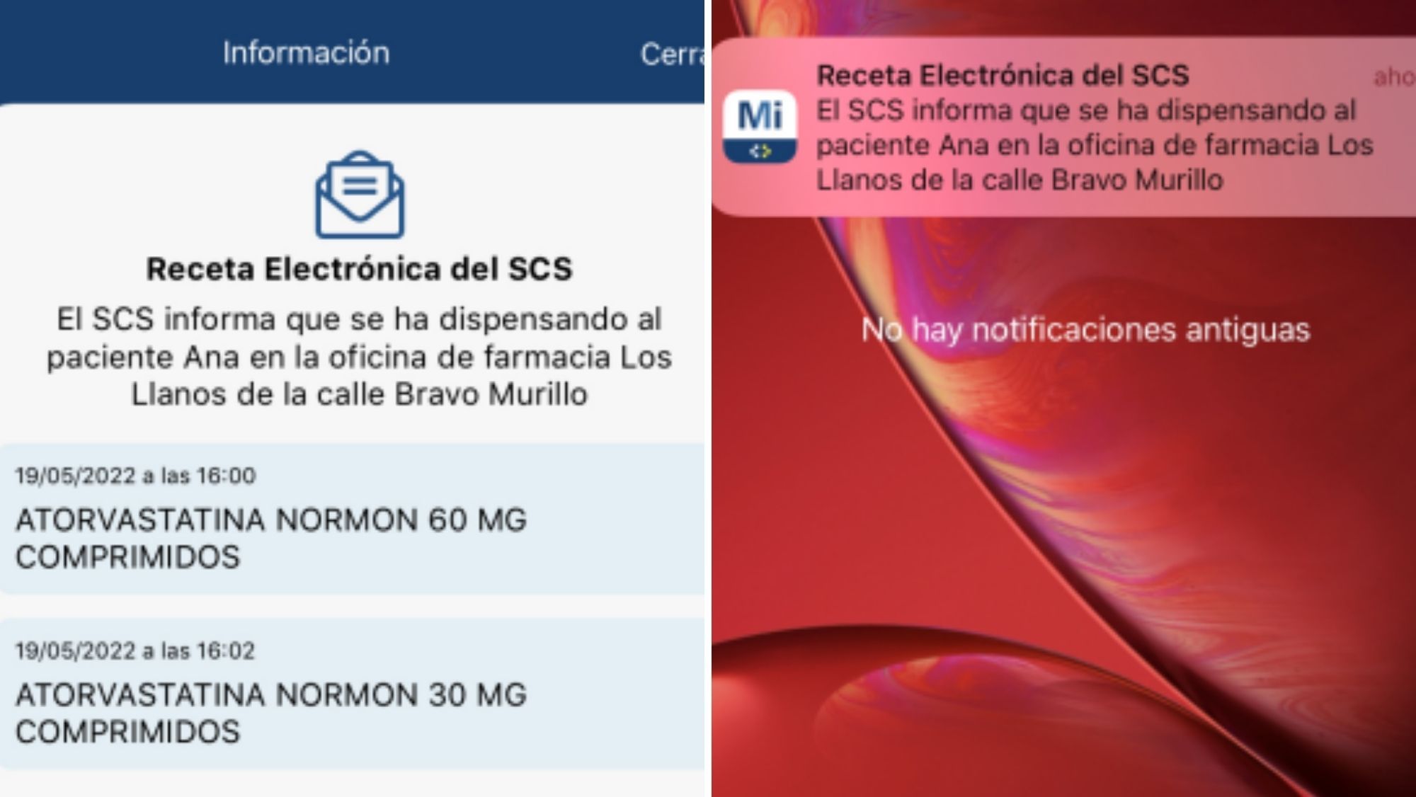 Ejemplo de cómo llegan las notificaciones del SCS. / Cedidas
