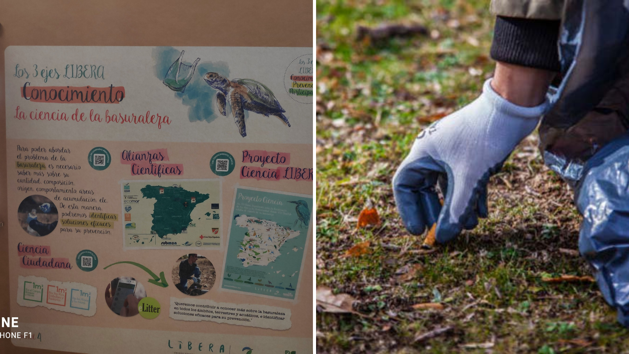 Parte de la exposición de LIBERA y una persona recogiendo una colilla del suelo./ Montaje AH