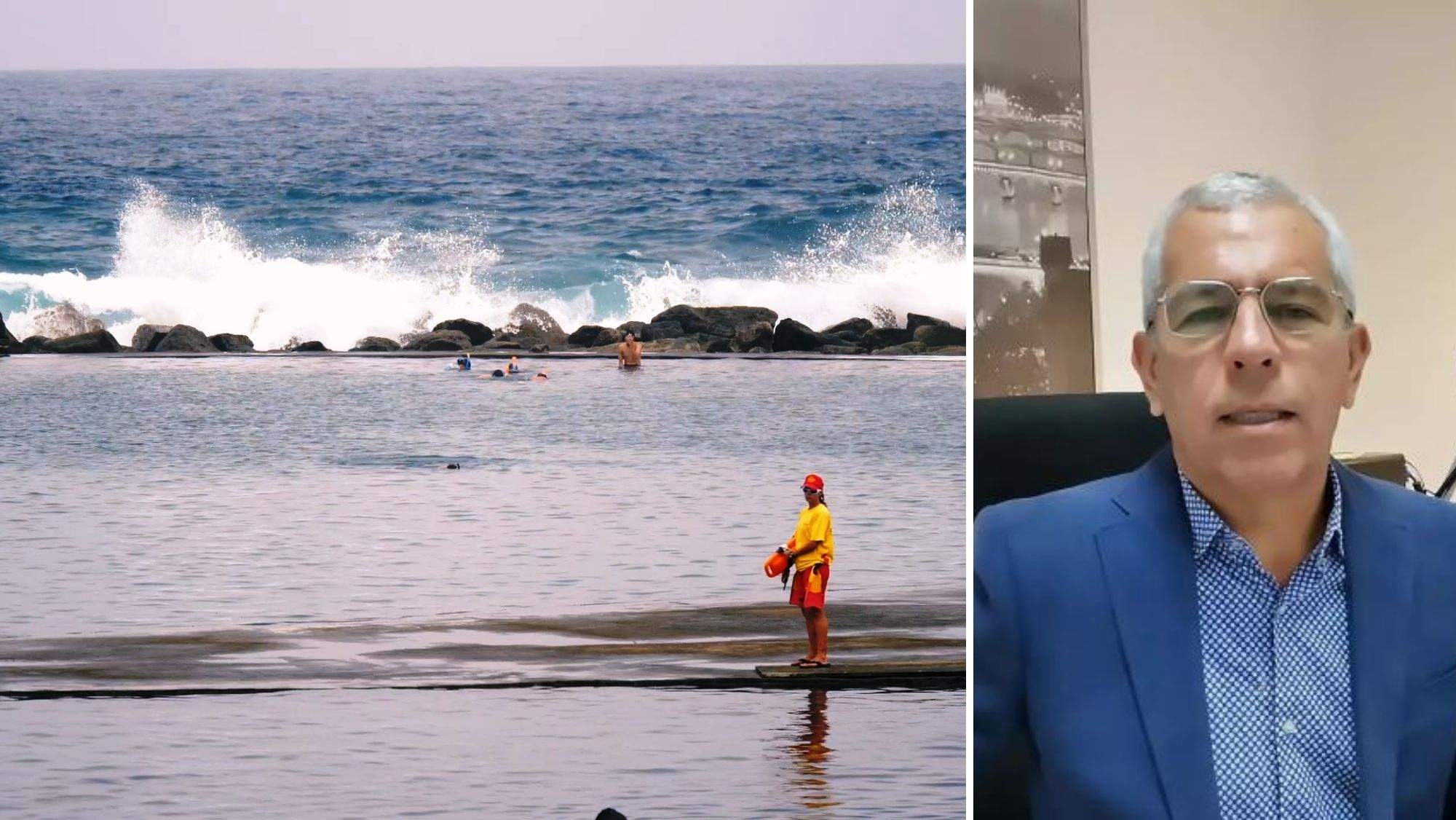 Imagen de fuerte oleaje en una playa y el director de Canarias 1.500 kilómetros de costa, Sebastián Quintana. / AH