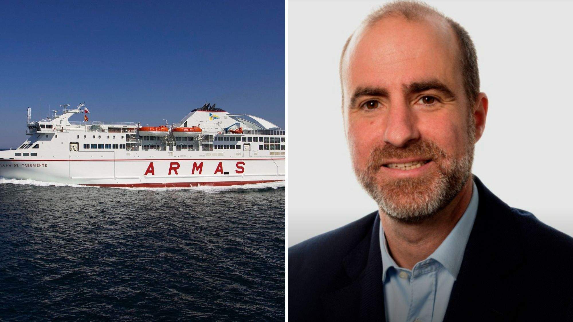 Un ferry de la Naviera Armas Transmediterránea y el nuevo director general, Marc Canalda. / AH