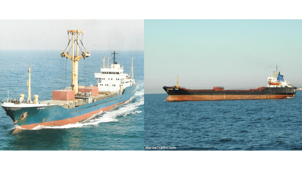 El Alraigo antes y después de perder la grúa que llevaba./ Montaje AH