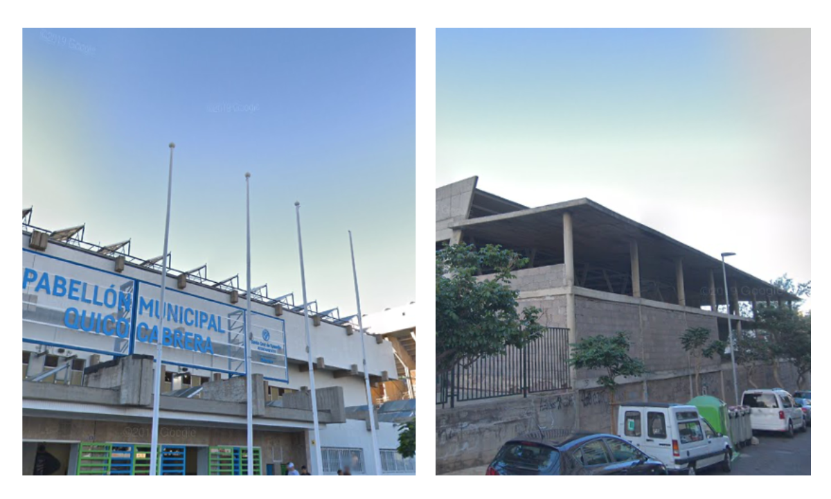 Imagen del pabellón Quico Cabrera y de una edificación sin acabar en la calle Eduardo Zamacois de Santa Cruz. / Google 