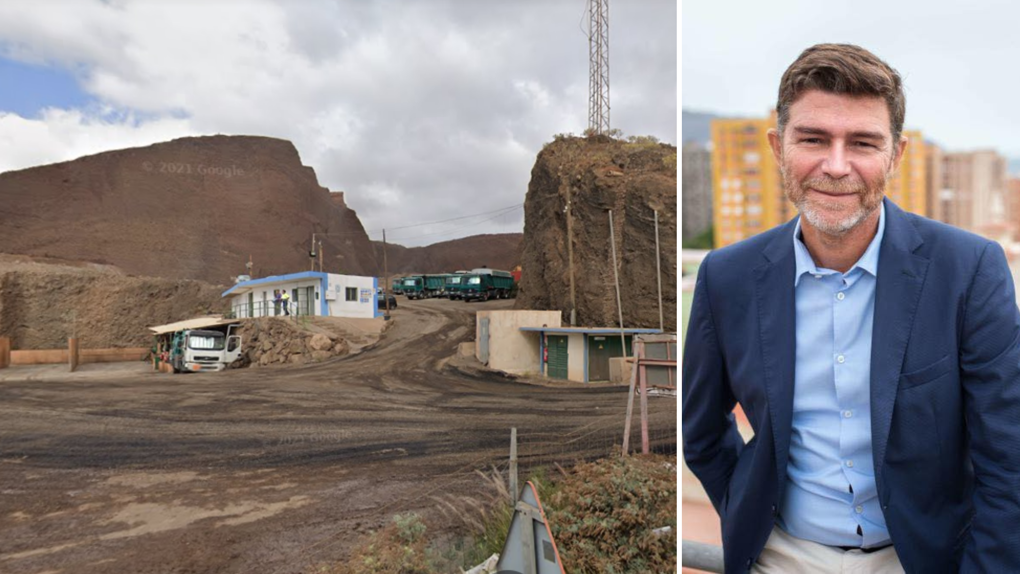 Explotación de la Montaña de Taco en 2022 junto a una imagen del concejal de Urbanismo, Guillermo Díaz Guerra.Google Maps y Facebook del concejal Explotación de la Montaña de Taco en 2022 junto a una imagen del concejal de Urbanismo, Guillermo Díaz Guerra.Google Maps y Facebook del concejal