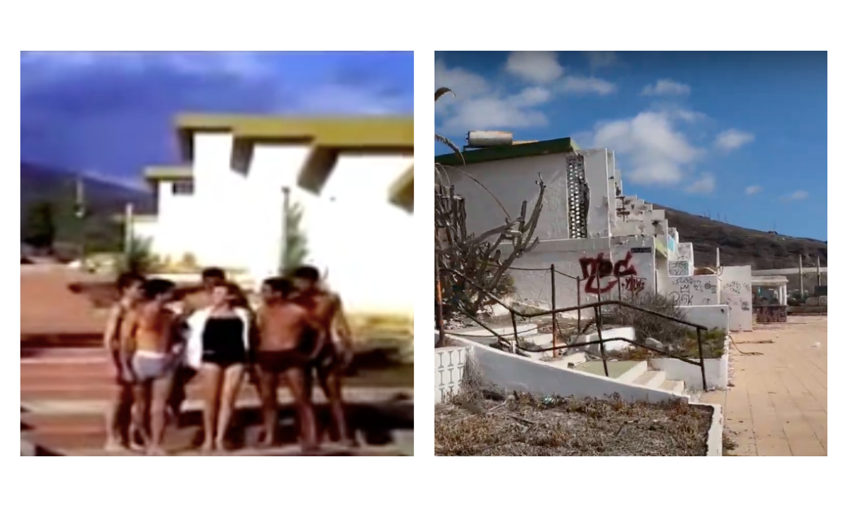 Composición de imágenes del videoclip de la artista Rocío Dúrcal grabado en el Tenerife Tour y del estado actual del hotel. / AH