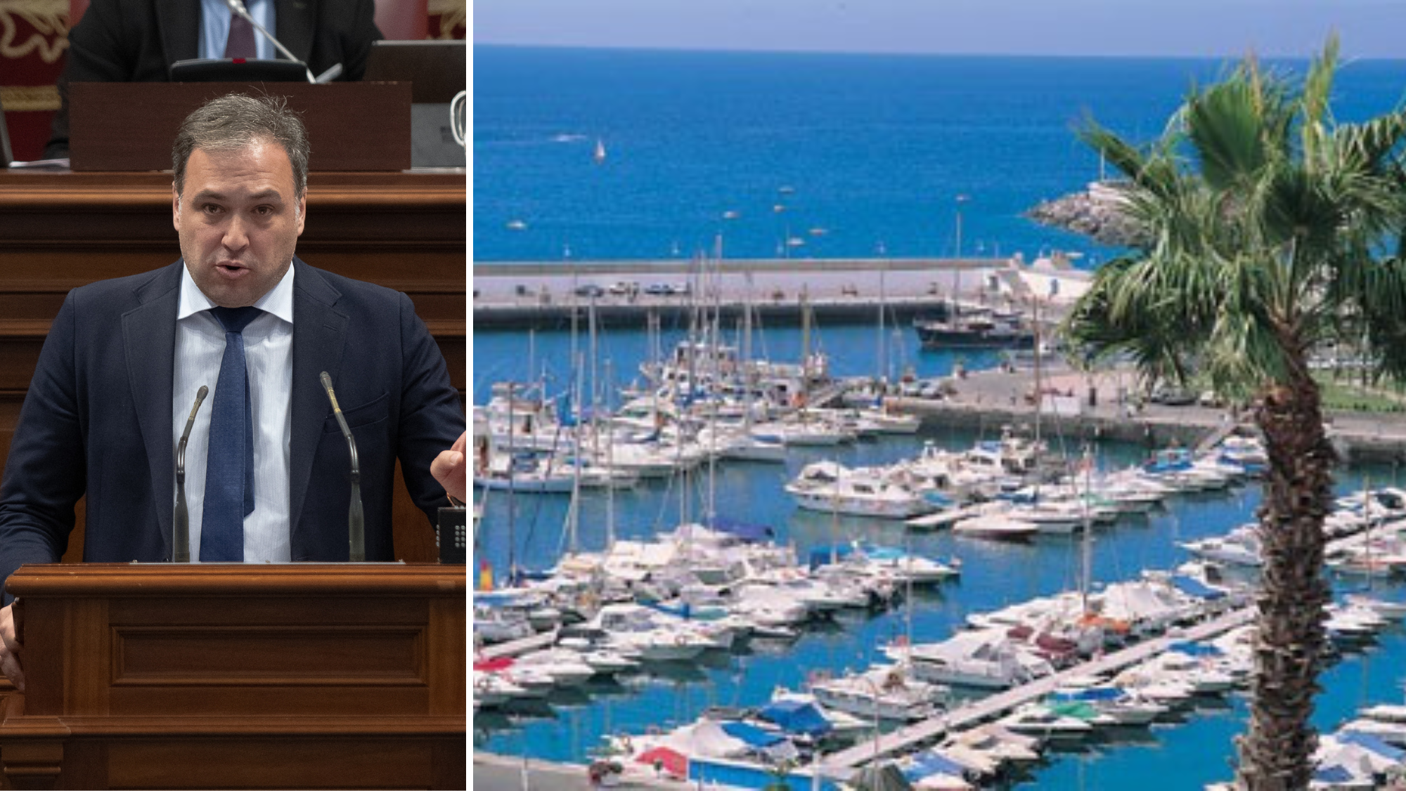 Carlos Ester y el puerto deportivo de Puerto Rico, en Gran Canaria./ Montaje AH