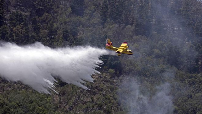 Un hidroavión trabaja sobre el incendio de LosRealejos./ EFE/ Miguel Barreto