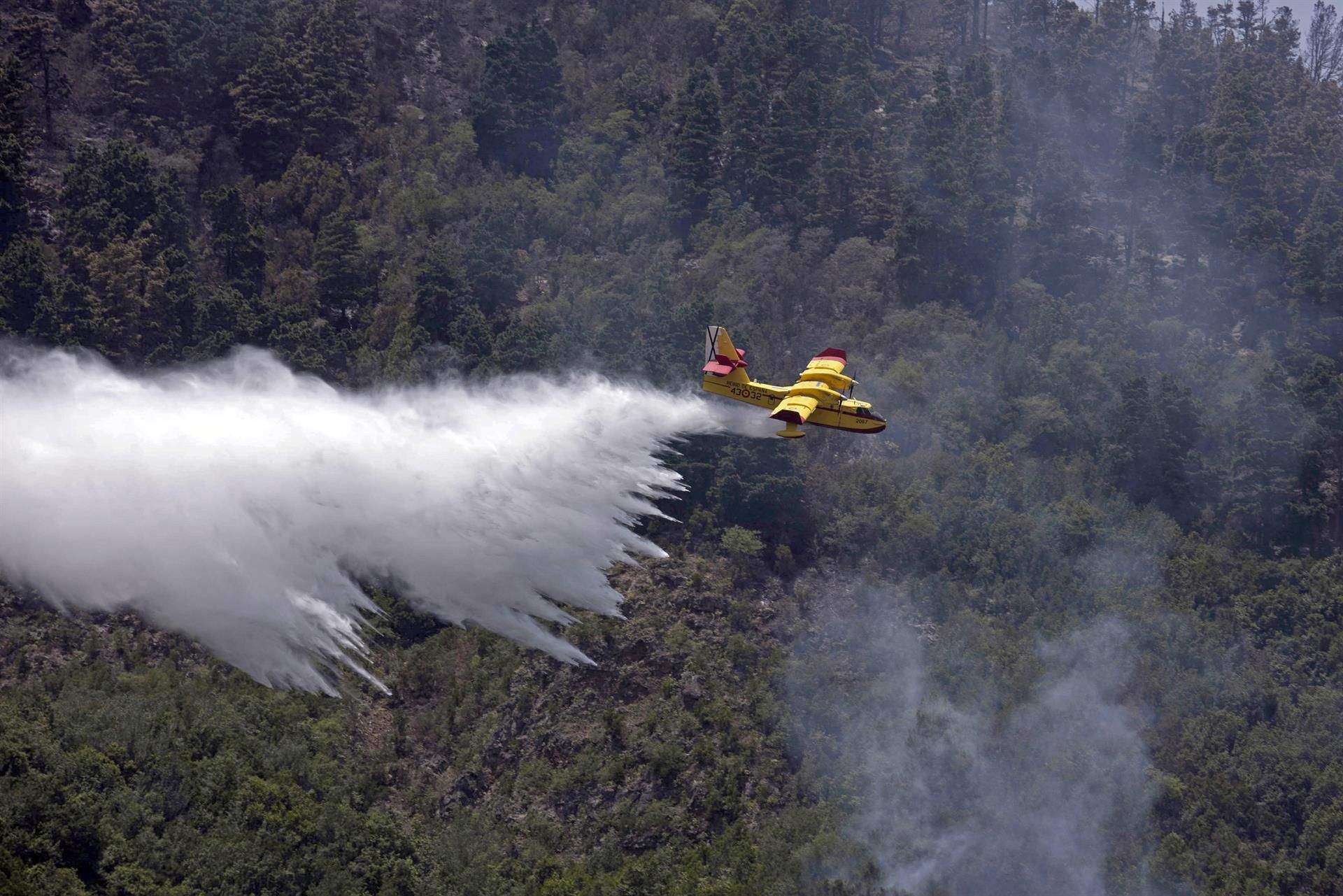 Un hidroavión vierte agua sobre un incendio de Tenerife./ EFE