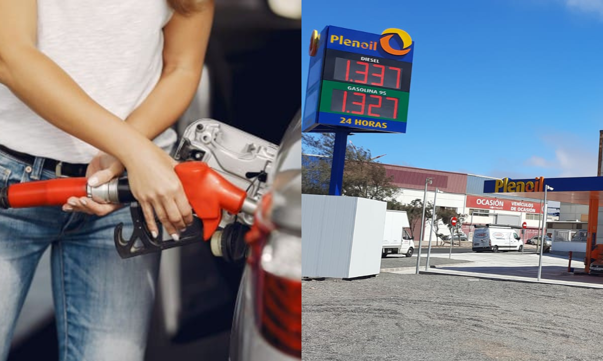 Imagen de una persona repostando gasolina y una gasolinera Plenoil low cost. / AH 