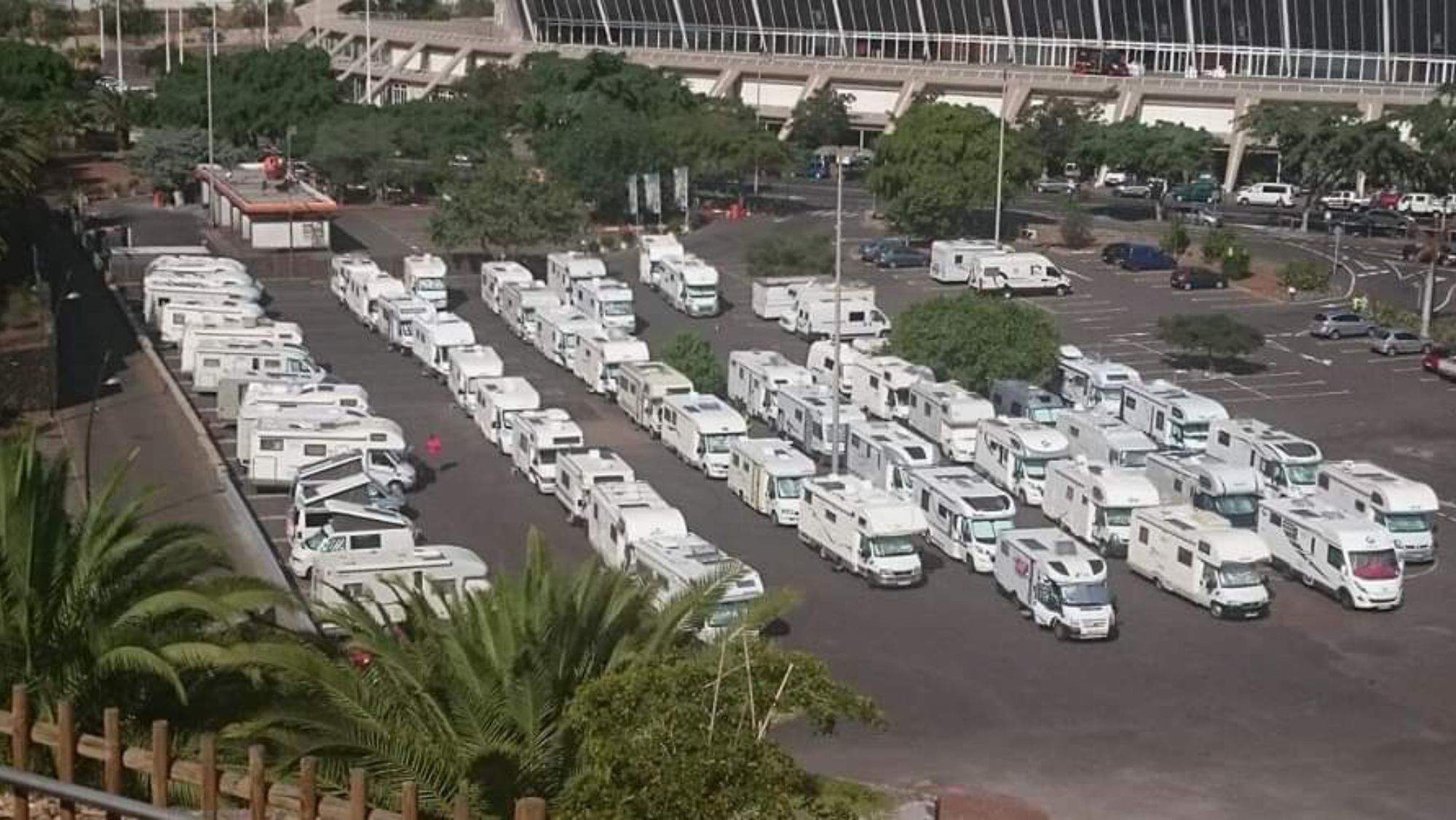 El sector de las Autocaravanas aparcan en la zona del Palmetum Santa Cruz de Tenerife. / ACAT Tenerife