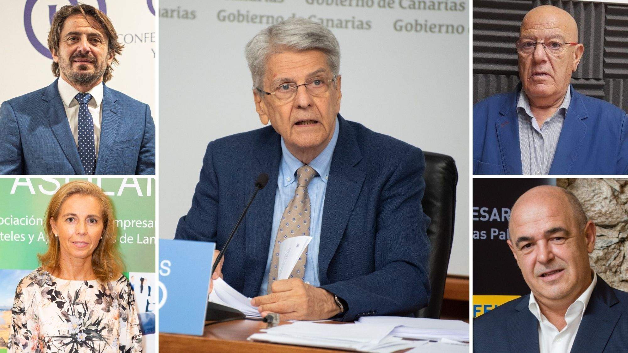 Julio Pérez, en el centro, y los cuatro presientes de las patronales hoteleras de Canarias. / AH