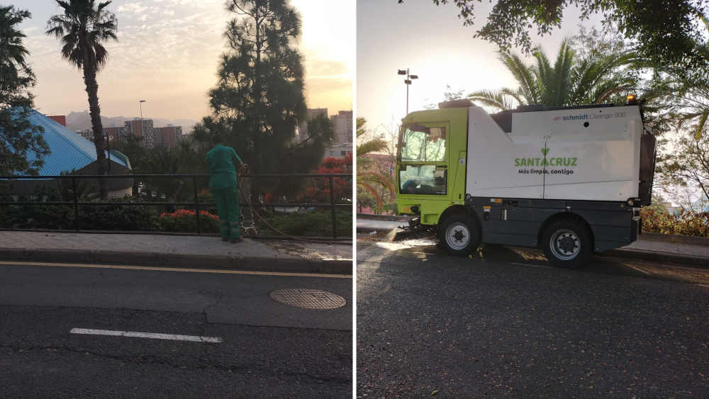 A la izquierda, una trabajadora de jardinería riega los árboles. A la derecha, en un día diferente, un vehículo de limpieza recoge residuos./ AH
