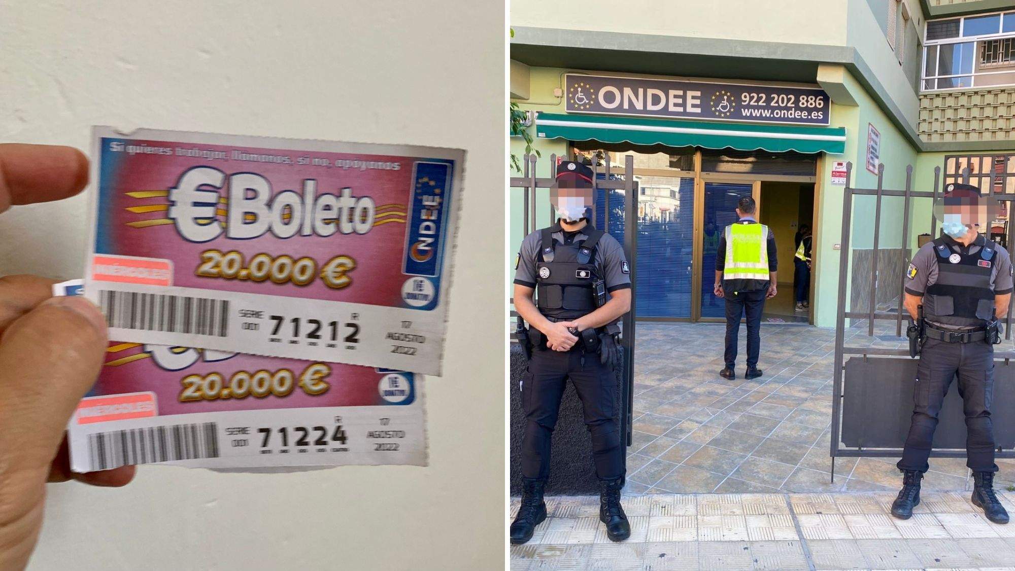Los boletos comprados por la afectada y el precinto de una sede en Tenerife de la Ondee. / AH