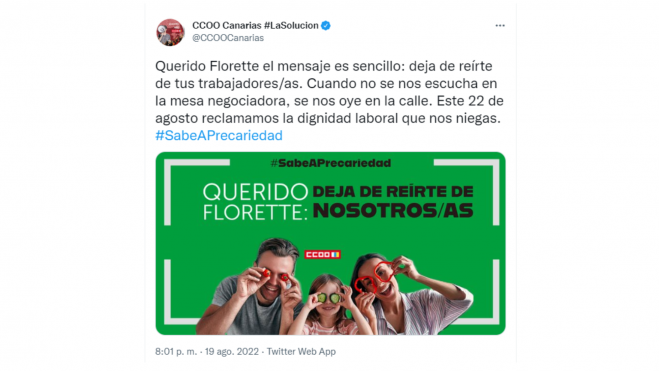 Tweet de CCOO a Florette