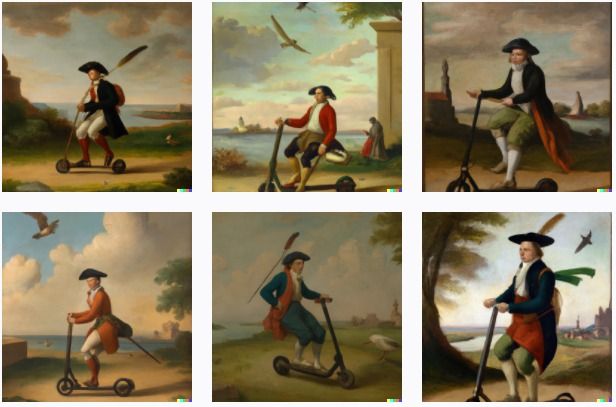A 19th century oil painting of Christopher Columbus landing in America riding an electric scooter./