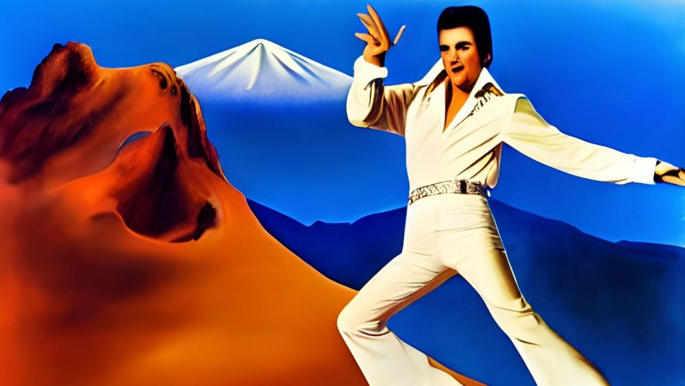 Elvis Presley bailando en el Teide al estilo Dalí./ Imagen generada con la IA Stable Diffusion @https://beta.dreamstudio.ai/dream