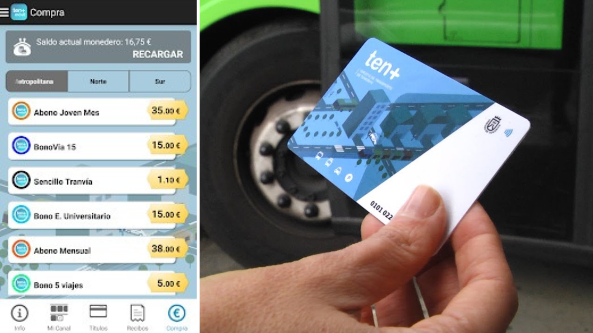 App de Ten+ con los precios antiguos y una tarjeta de transportes./ Montaje AH