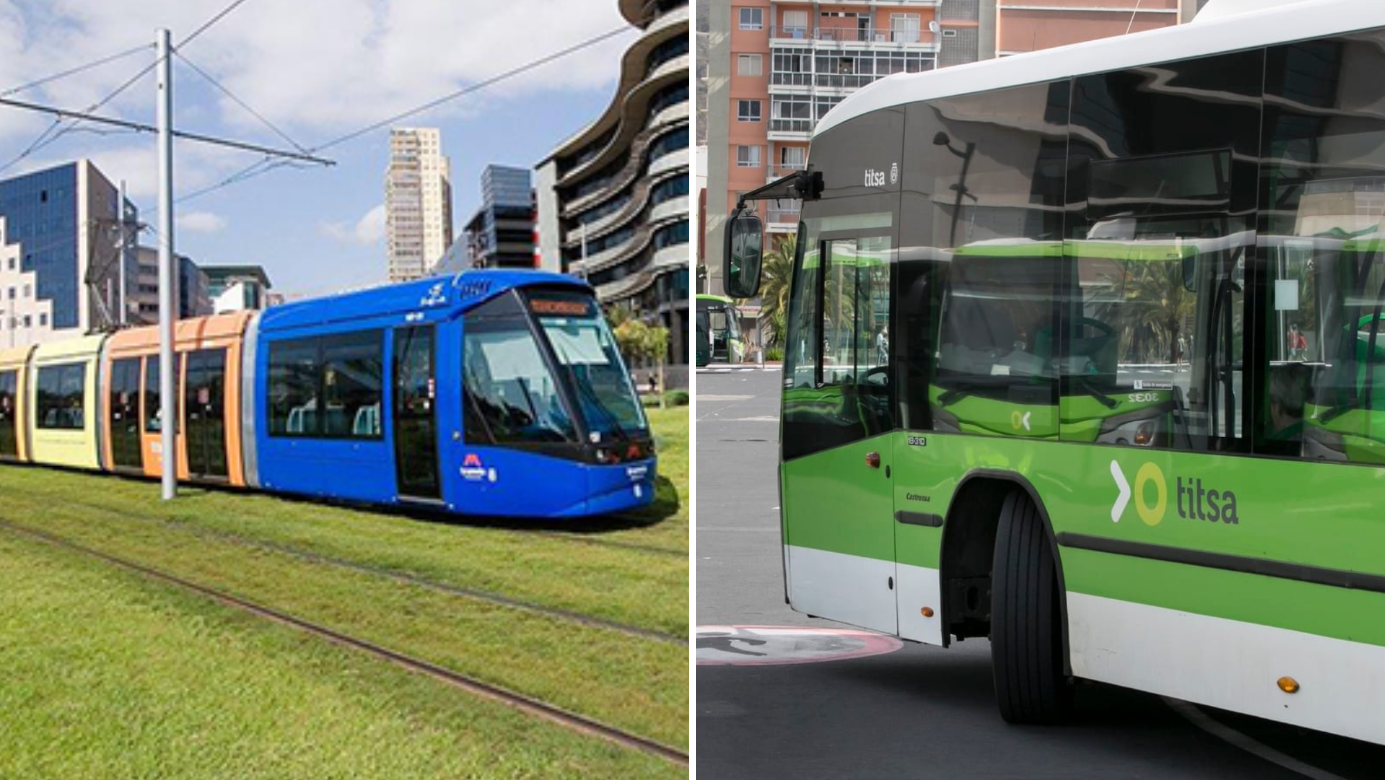 Transporte público: Tranvía de Tenerife y guagua de TITSA./ Montaje AH