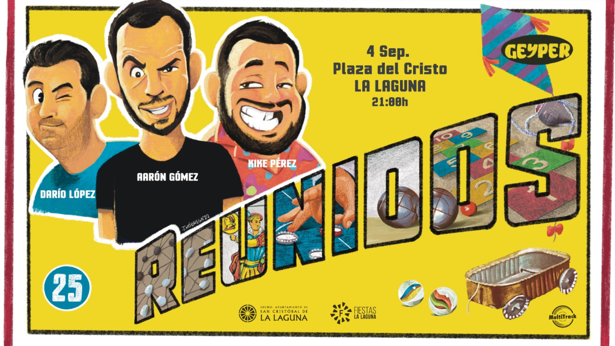 Cartel del espectáculo Reunidos con los humoristas Darío López, Aarón Gómez y Kike Pérez este domingo en La Laguna. Ayuntamiento de La Laguna
