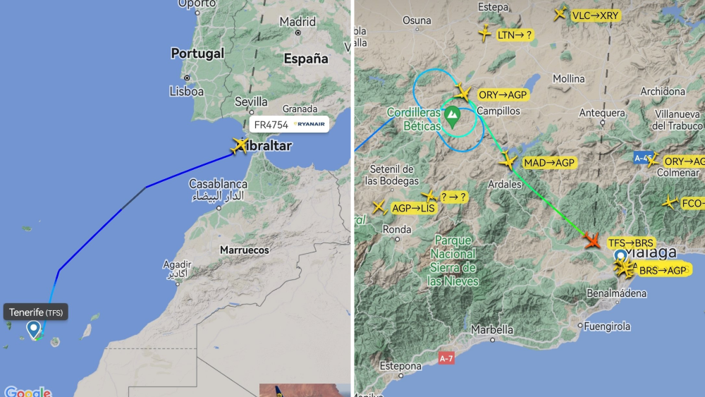 Recorrido del vuelo de Ryanair que ha aterrizado en Málaga./ Redes
