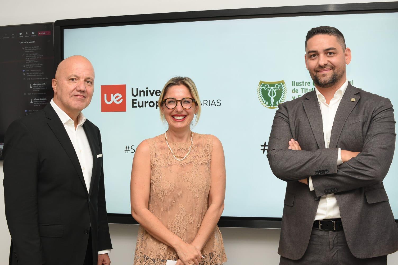 Momo Marrero, Cristiana Oliveira, rectora de la Universidad Europea de Canarias, y Samuel Cruz, decano de Cotime./