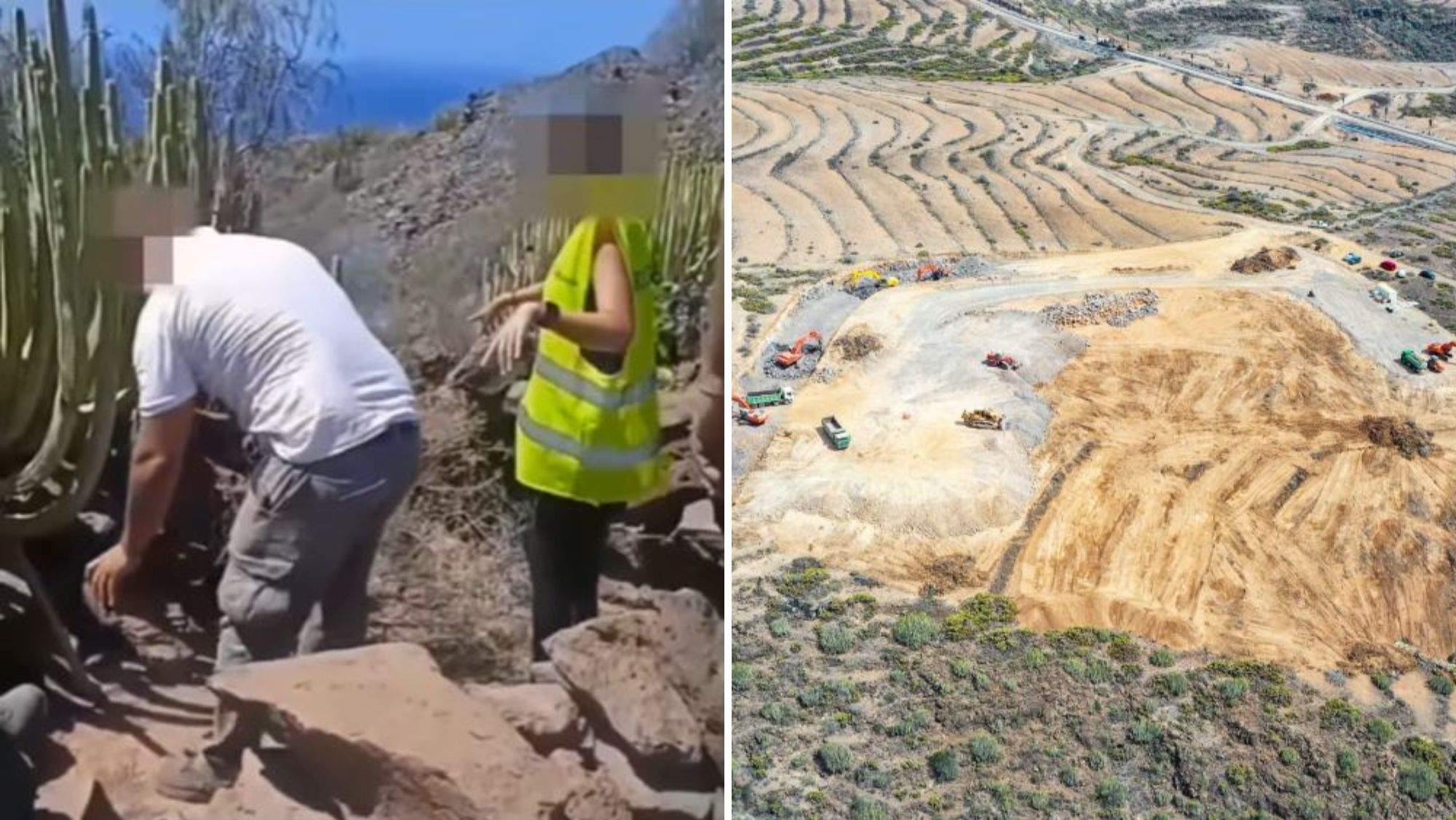 Imagen del vídeo de denuncia del yacimiento en Cuna del Alma y una imagen aérea de los trabajos en la zona del Puertito de Adeje. / AH Imagen del vídeo de denuncia del yacimiento en Cuna del Alma y una imagen aérea de los trabajos en la zona del Puertito de Adeje. / AH
