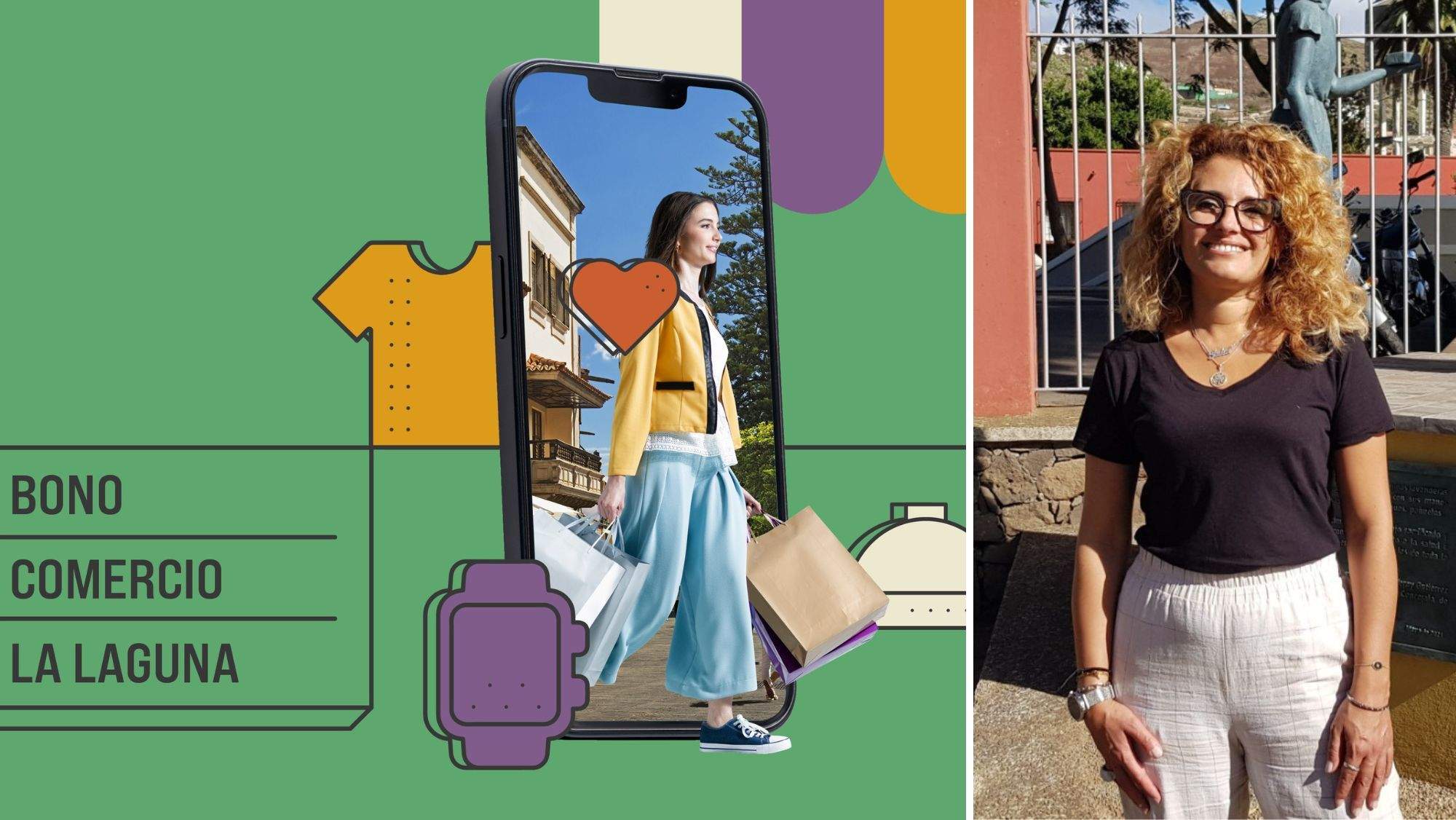 Cartel promocional del Bono Conercio La Laguna y la nueva concejal de Comercio, Aitami Bruno. / AH