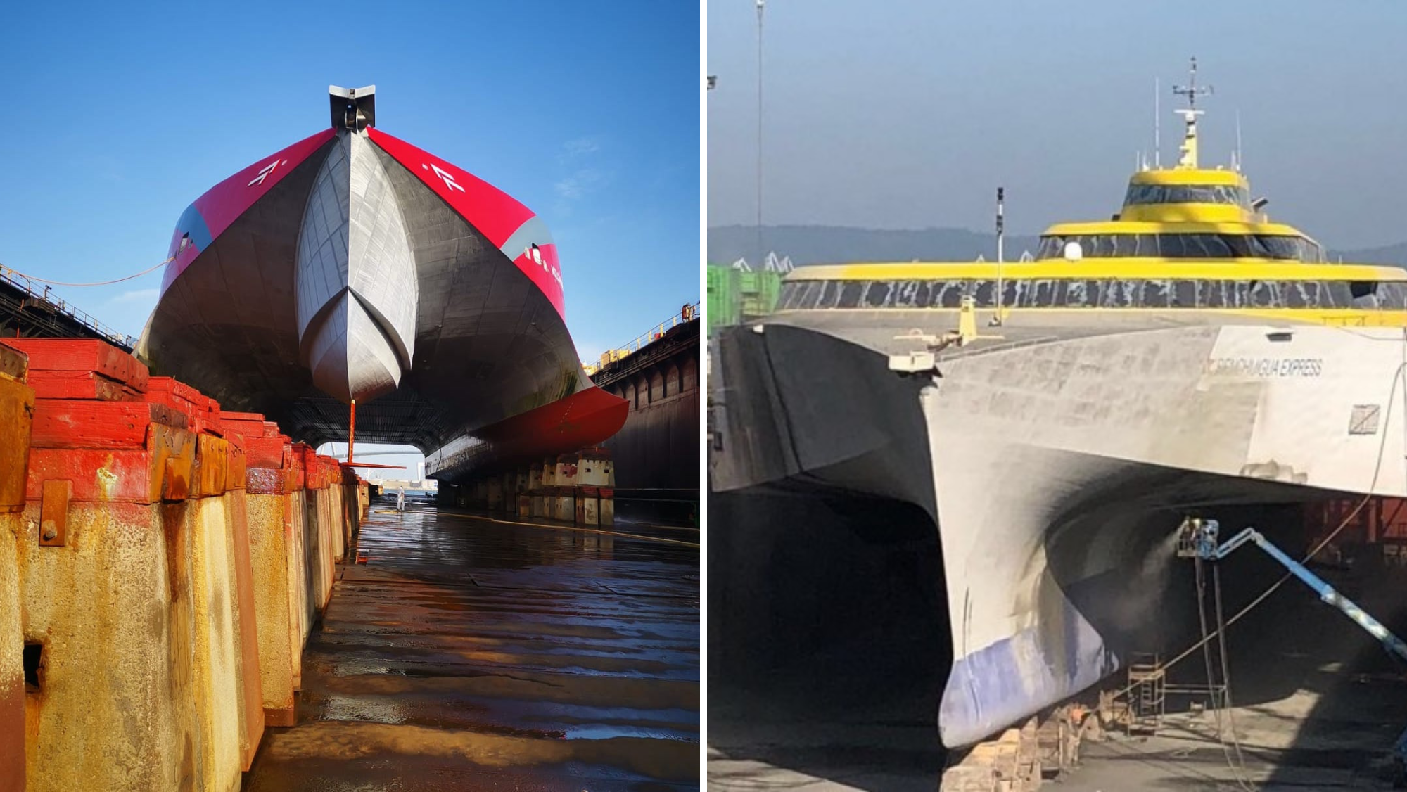 Los buques Volcán de Tagoro (izq.) y Benchijigua Express (der.), en los diques secos de Cádiz y Ferrol, respectivamente./ Montaje AH Los buques Volcán de Tagoro (izq.) y Benchijigua Express (der.), en los diques secos de Cádiz y Ferrol, respectivamente./ Montaje AH