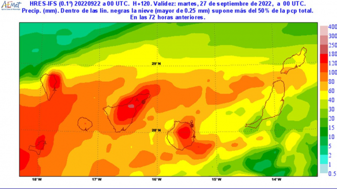 Precipitación acumulada en Canarias prevista para el sábado, domingo y lunes. / AEMET