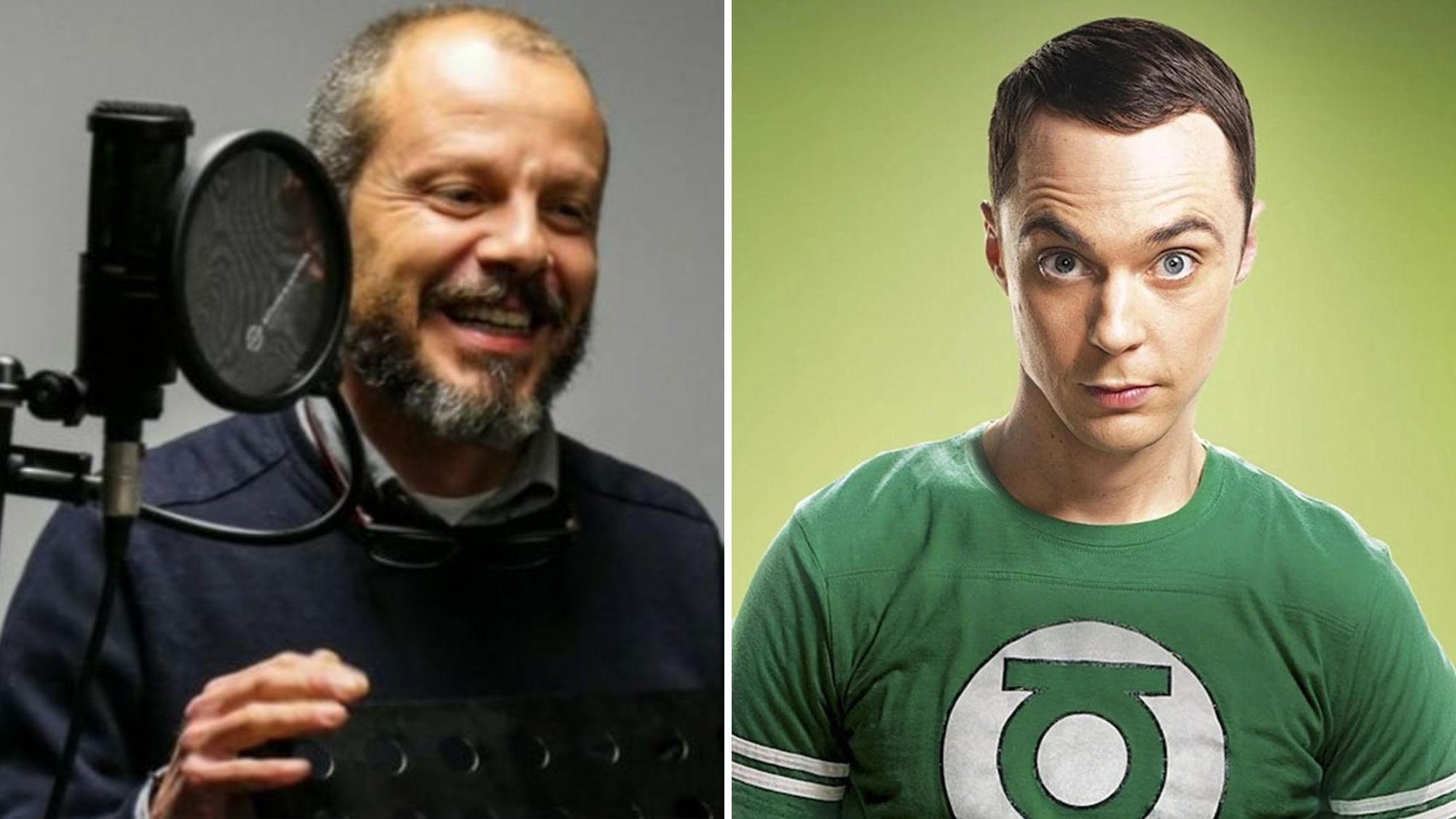 Fernando Cabrera y el personaje de Sheldon Cooper, interpretado por Jim Parsons, al que pone su voz el actor de doblaje tinerfeño. / AH