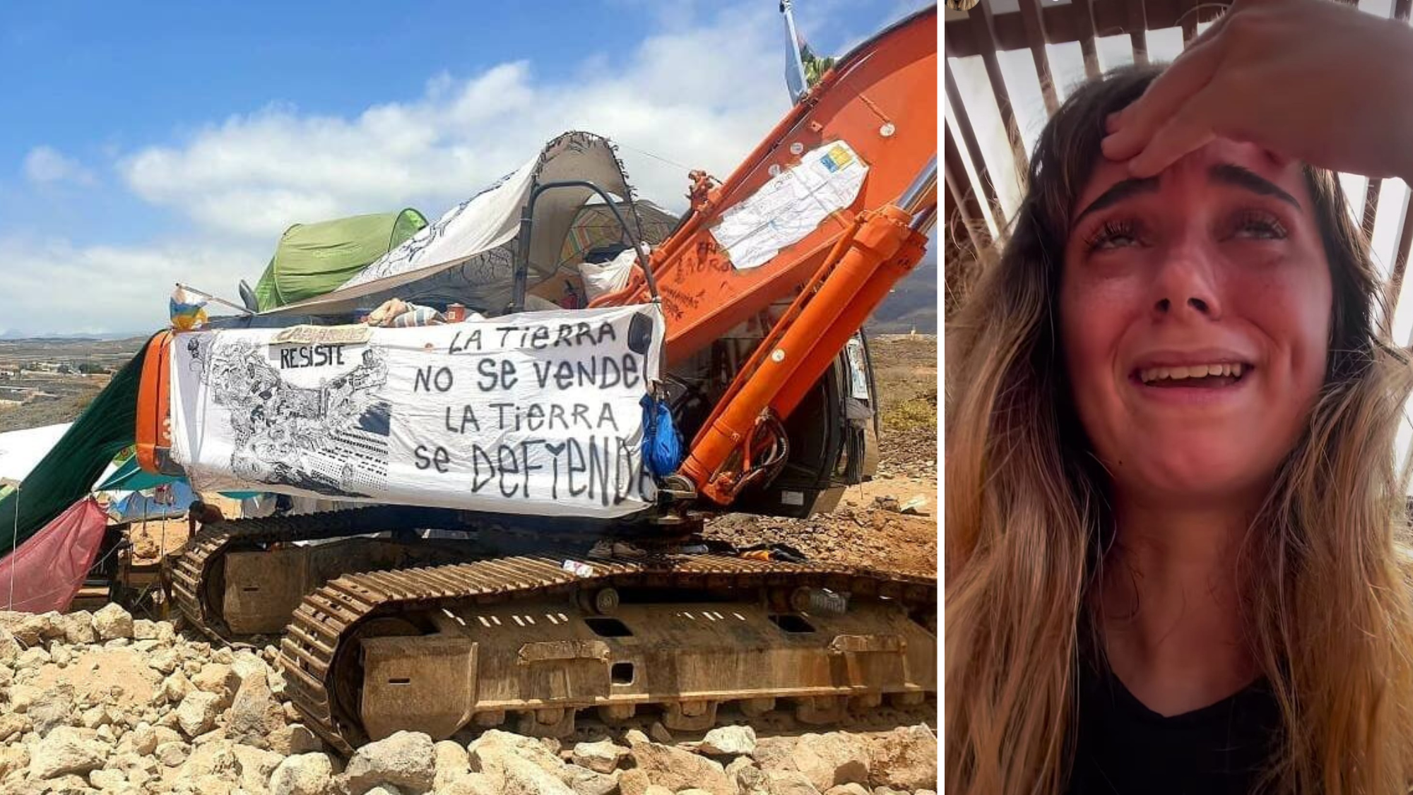 La pala excavadora con la que se habían hecho los activistas ha sido retirada por la empresa | La activista María González denuncia una agresión del director del proyecto Cuna del Alma, Andrés Muñoz./ Montaje AH