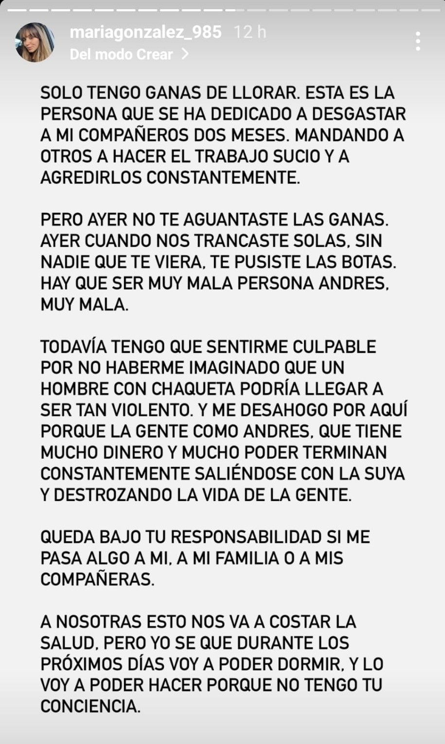 Publicación de María González sobre la presunta agresión de Andrés Muñoz./ Redes