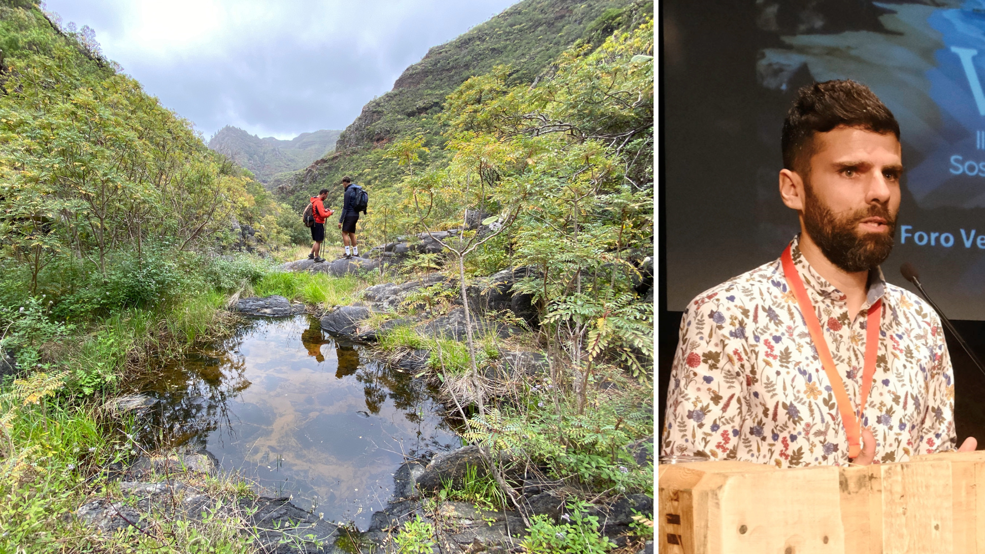 A la derecha Javier Tejera, director del Biosfera Fest. A la izquierda la imagen de una actividad de senderismo en Tenerife en la pasada edición. / Cedidas A la derecha Javier Tejera, director del Biosfera Fest. A la izquierda la imagen de una actividad de senderismo en Tenerife en la pasada edición. / Cedidas