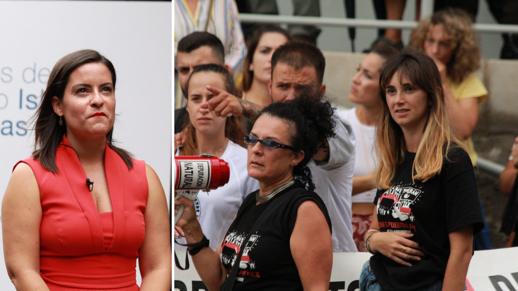 A la izquierda, la consejera de Turismo Yaiza Castilla durante el acto en el hotel Escuela. A la derecha, María González (der.), activista que denuncia una agresión de Andrés Muñoz, junto con otros manifestantes./ Álvaro Oliver (AH)